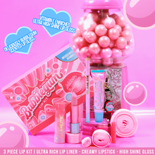 Pink bubblegum-themed lip kit with lip gloss, lipstick, and liner on a pink background.